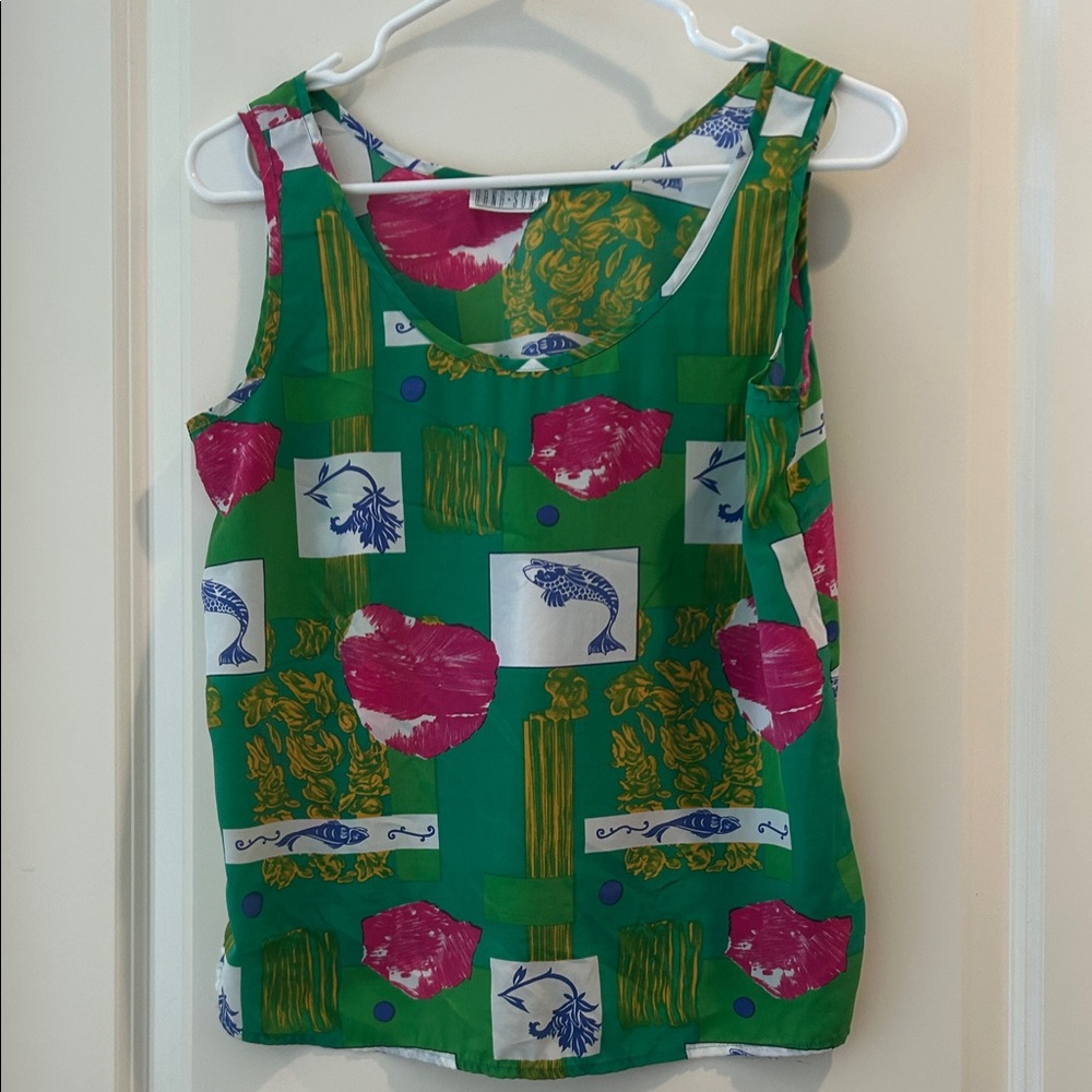 Hana Sung woman’s Colorful Koi Fish Asian Patterned sleeveless kerchief Tank Top